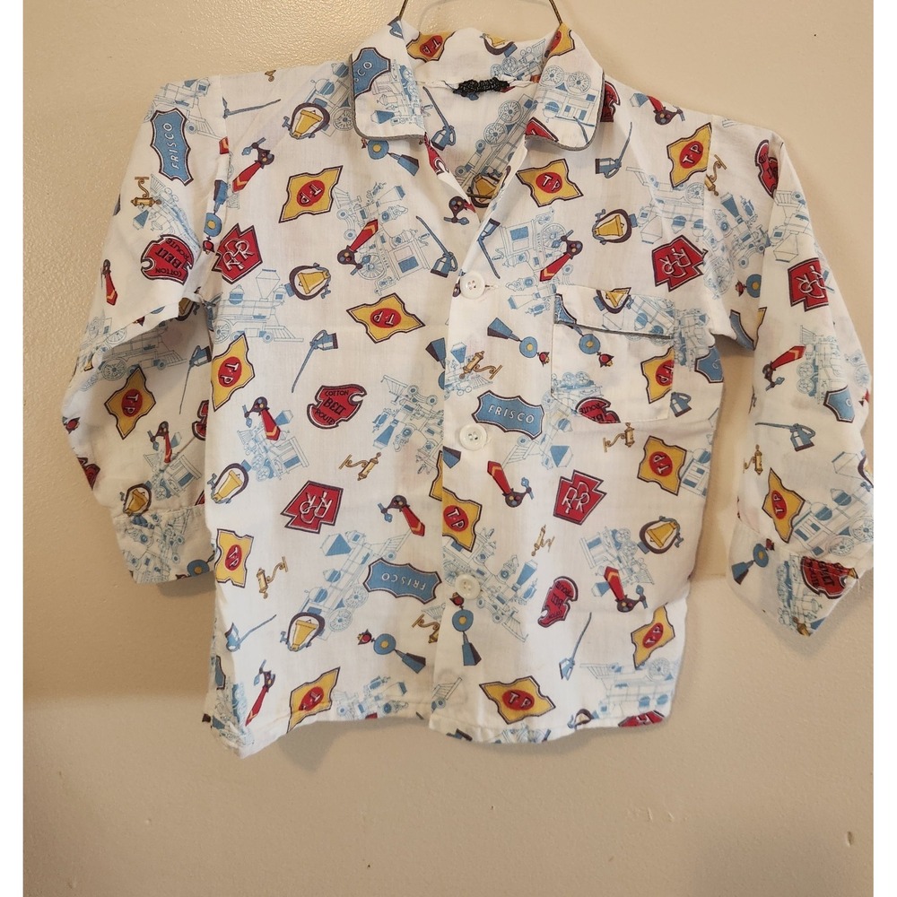Vintage Sears Boys Long Sleeve‎ Button Up Size 8 AOP Railroad Multi Color GUC
